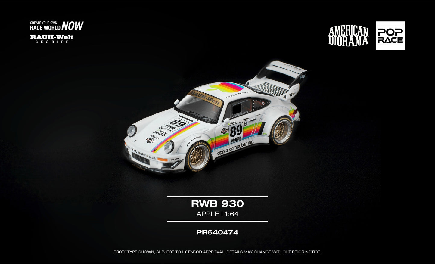 POP Race 1:64 RWB Porsche 930 Apple with Akira Nakai figure opening rear engine diecast model. Front