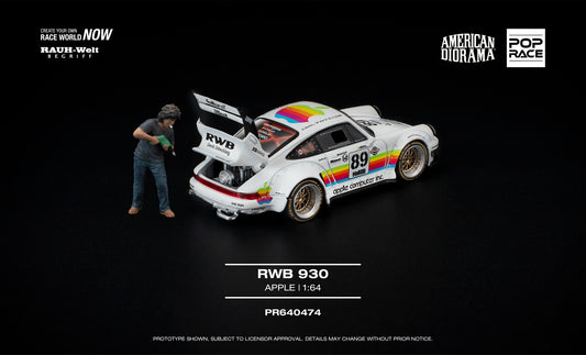 POP Race 1:64 RWB Porsche 930 Apple with Akira Nakai figure opening rear engine diecast model. Back