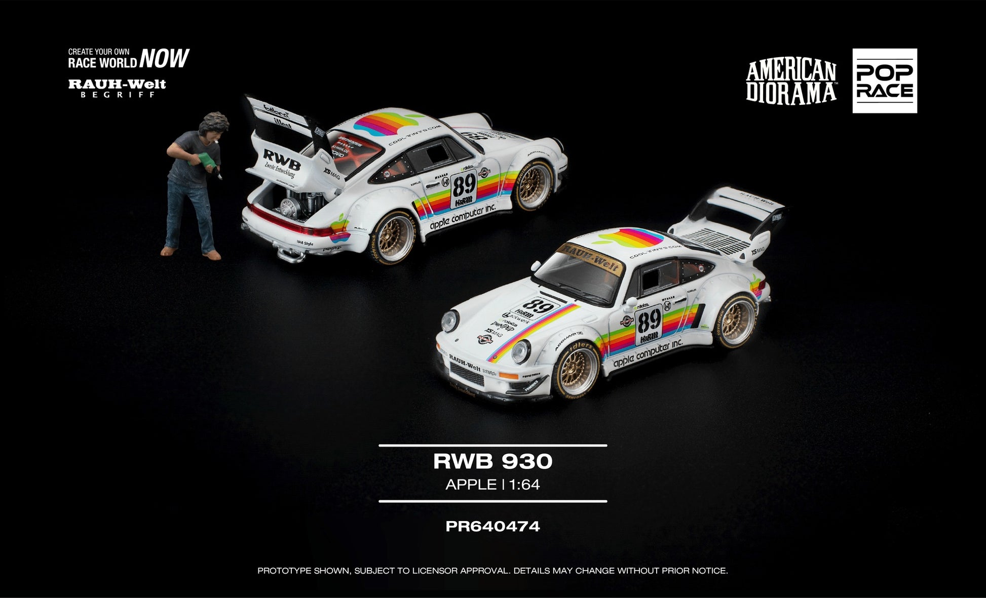 POP Race 1:64 RWB Porsche 930 Apple with Akira Nakai figure opening rear engine diecast model.