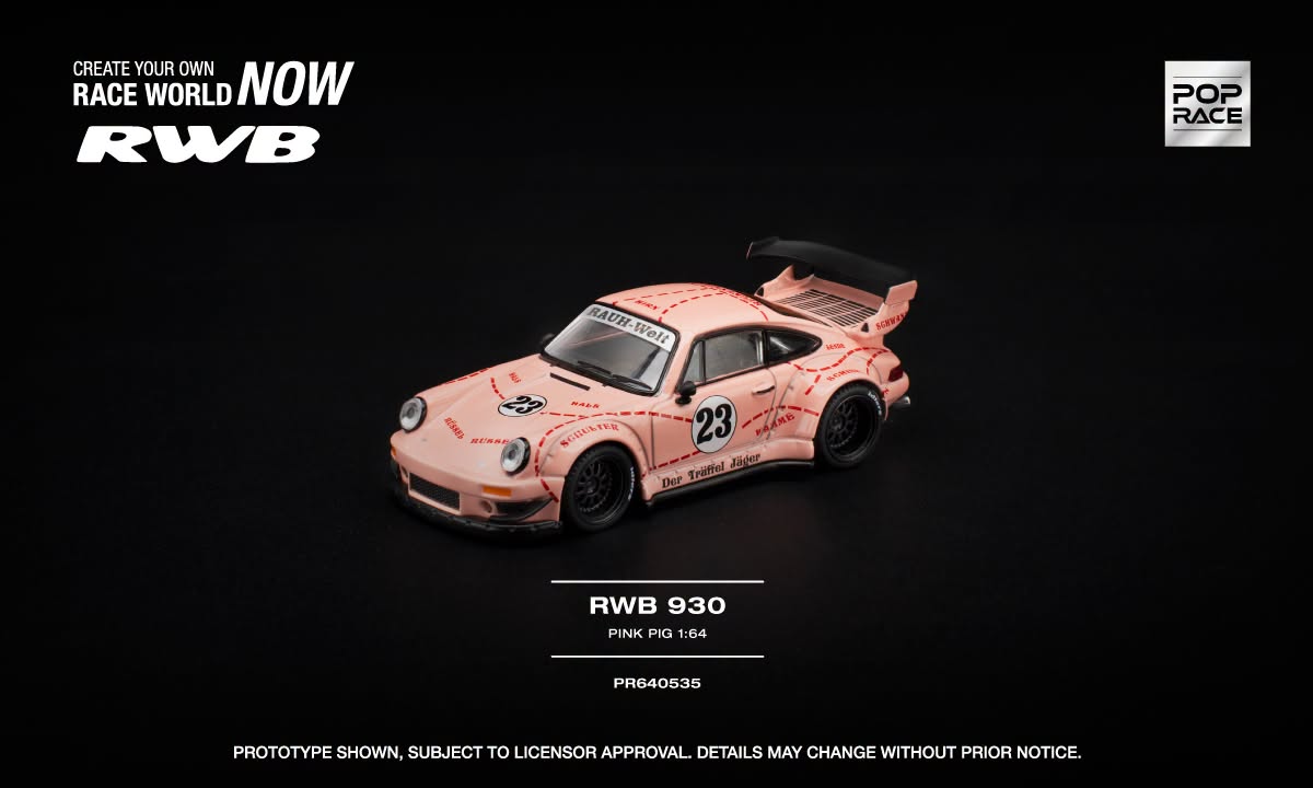 POP Race RWB Porsche 930 Pink Pig edition with opening rear engine cover. Front