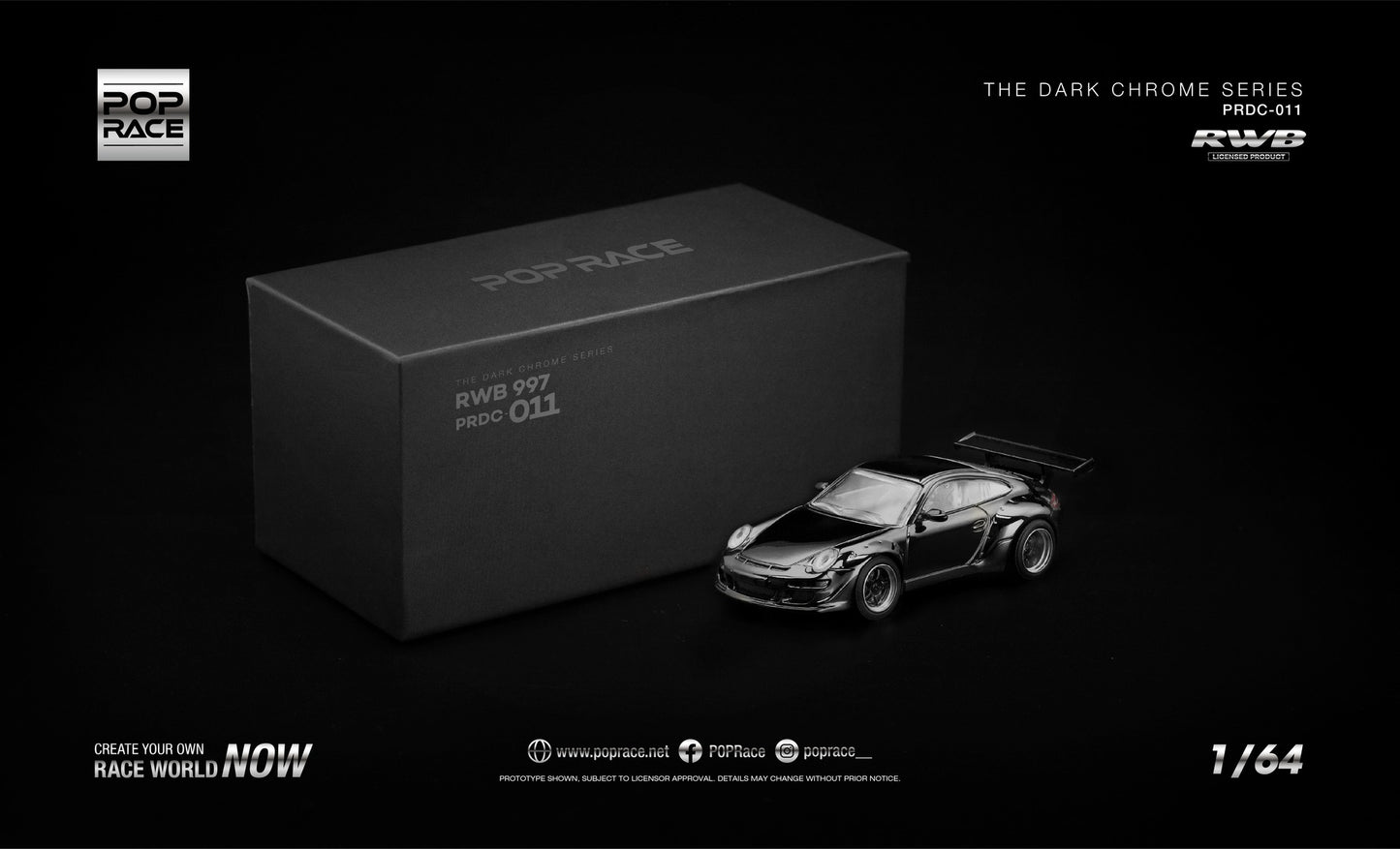 POP Race RWB 997 dark chrome 1:64 diecast model. Front