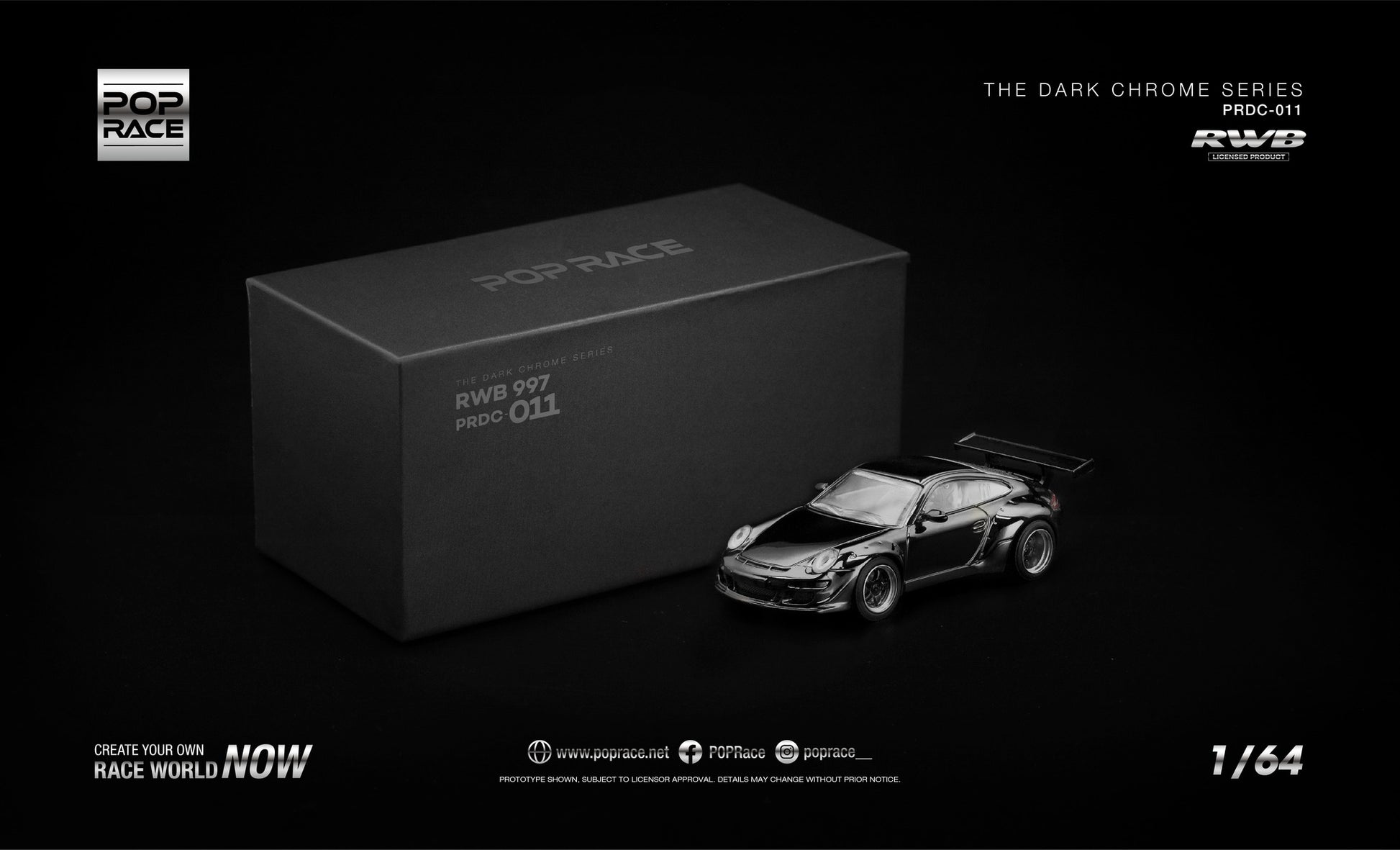 POP Race RWB 997 dark chrome 1:64 diecast model. Front
