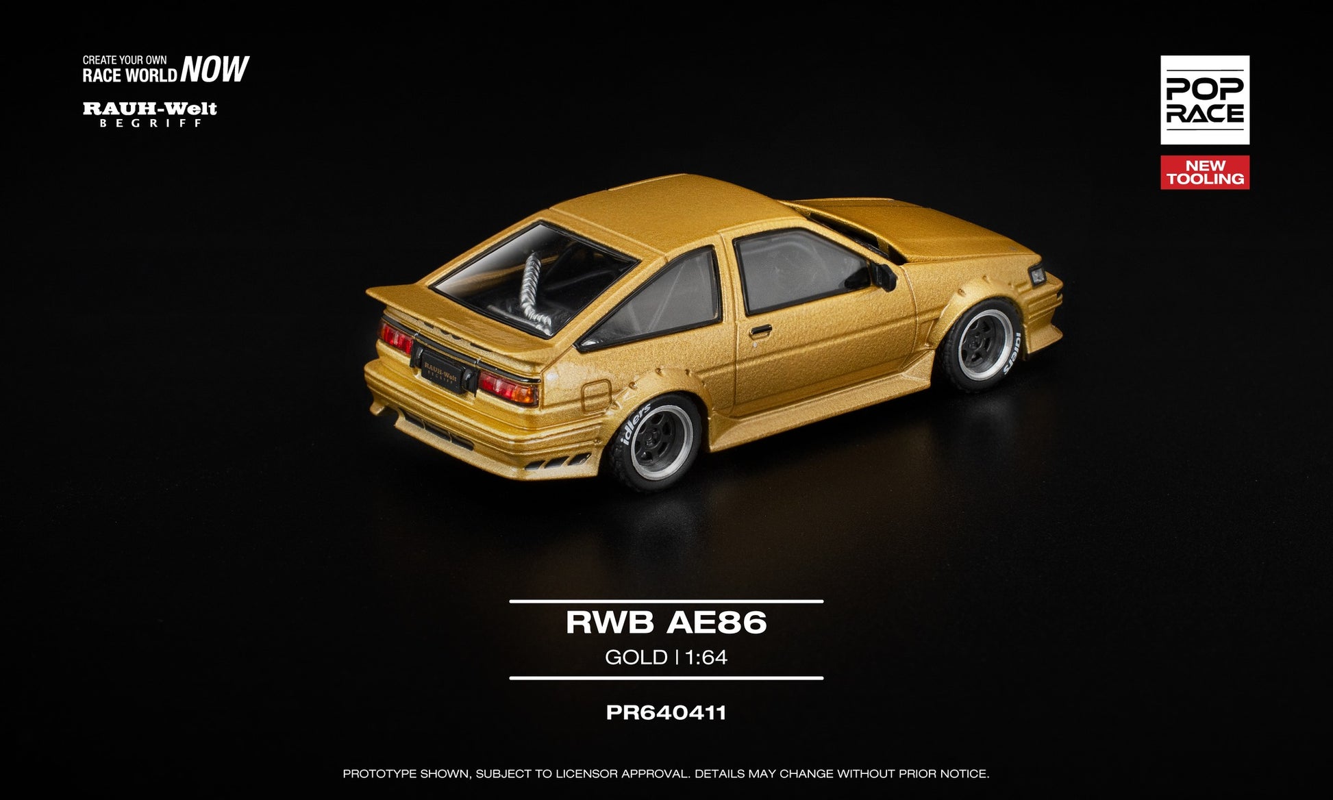 1:64 POP Race RWB AE86 Gold – matte gold widebody die-cast model with opening hood. Back
