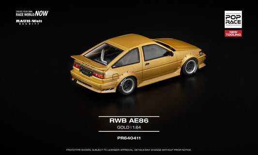 1:64 POP Race RWB AE86 Gold – matte gold widebody die-cast model with opening hood. Back
