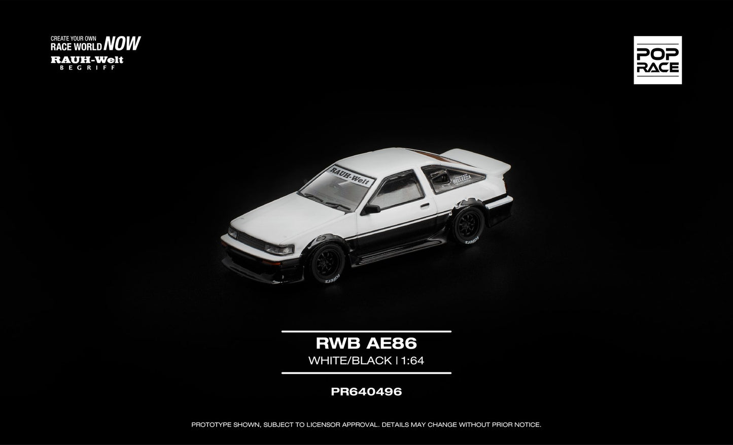 POP Race RWB AE86 white black opening hood engine detail 1:64. Front