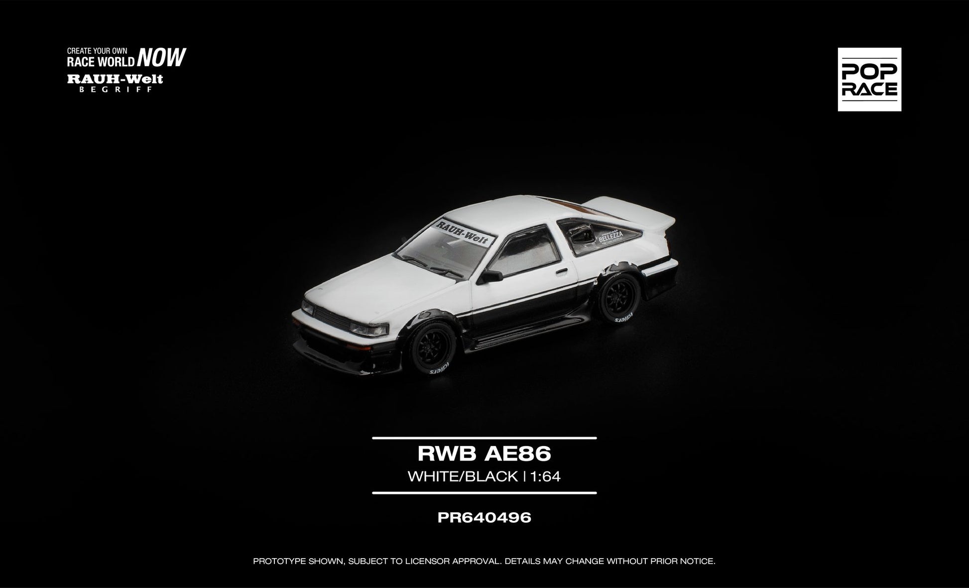 POP Race RWB AE86 white black opening hood engine detail 1:64. Front