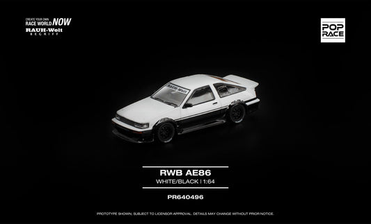 POP Race RWB AE86 white black opening hood engine detail 1:64. Front