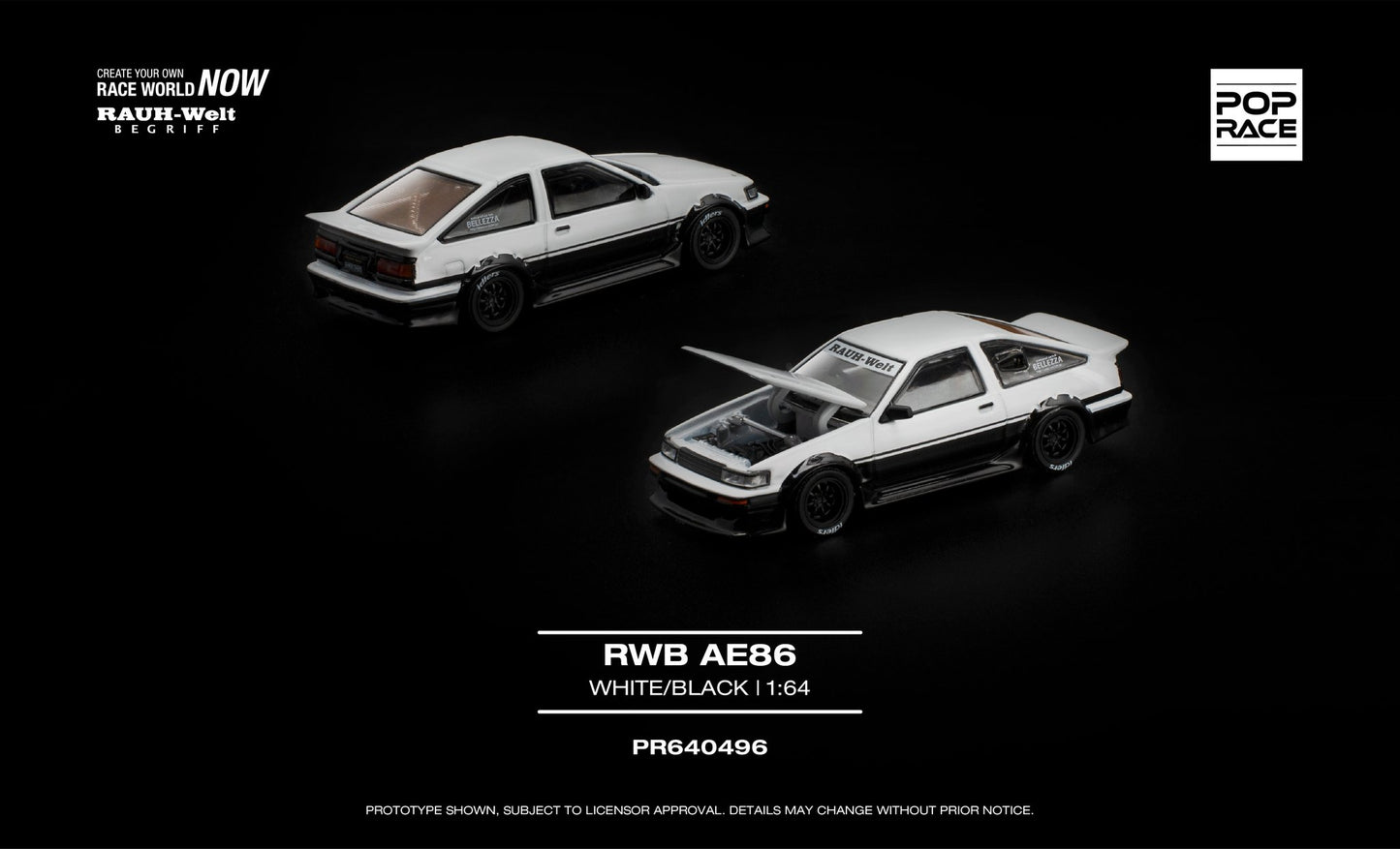 POP Race RWB AE86 white black opening hood engine detail 1:64