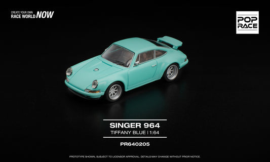 POP Race Singer 964 Tiffany Blue 1:64 diecast model car. Front