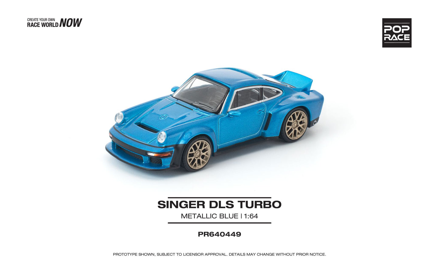1:64 POP Race Singer DLS Turbo Metallic Blue – metallic blue die-cast model with matte gold wheels. Front
