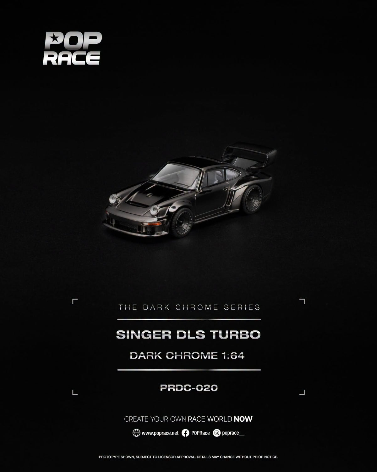 POP Race Singer DLS Turbo Dark Chrome Series with glossy finish and contrasting detailed interior in 1:64 scale.