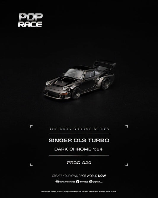 POP Race Singer DLS Turbo Dark Chrome Series with glossy finish and contrasting detailed interior in 1:64 scale.