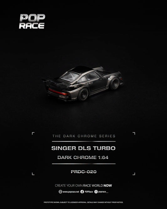 POP Race Singer DLS Turbo Dark Chrome Series with glossy finish and contrasting detailed interior in 1:64 scale.