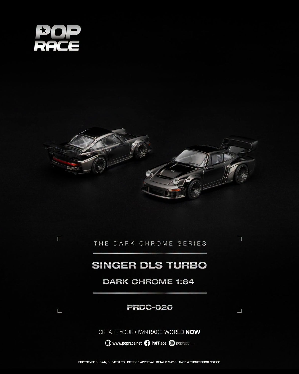 POP Race Singer DLS Turbo Dark Chrome Series with glossy finish and contrasting detailed interior in 1:64 scale.