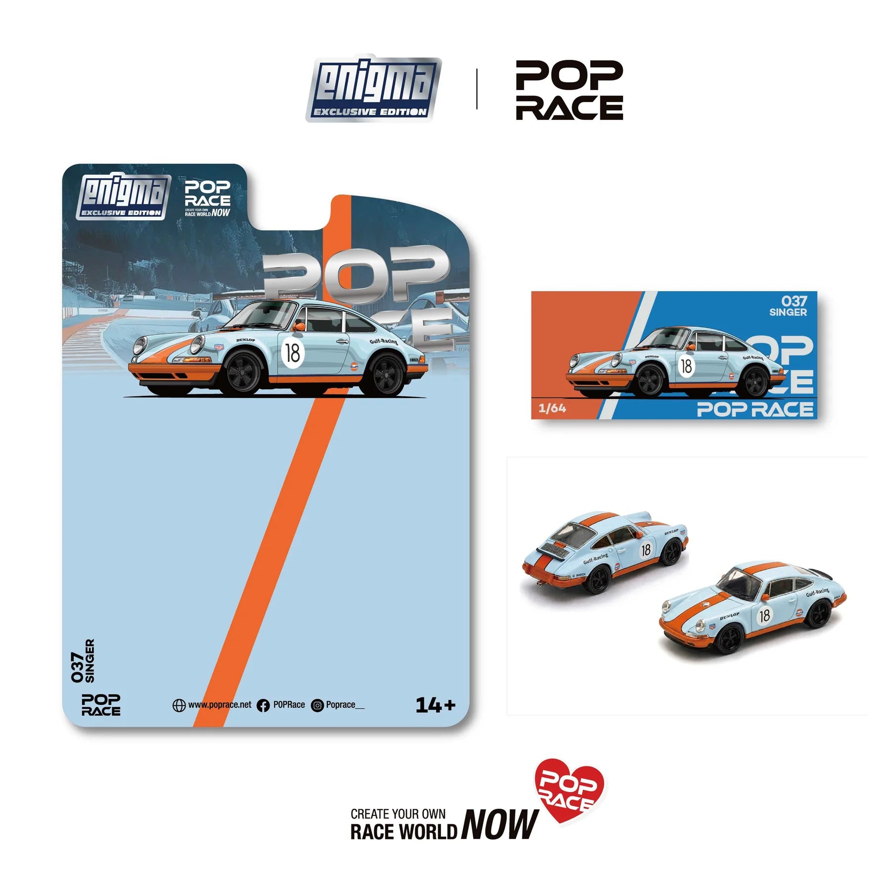 POP RACE Singer Racing #18 in orange and blue Enigma Exclusive edition.