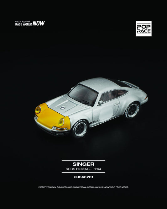 POP Race Singer SCCS Homage 1:64 scale model with custom wide-body and classic Porsche lines. Front