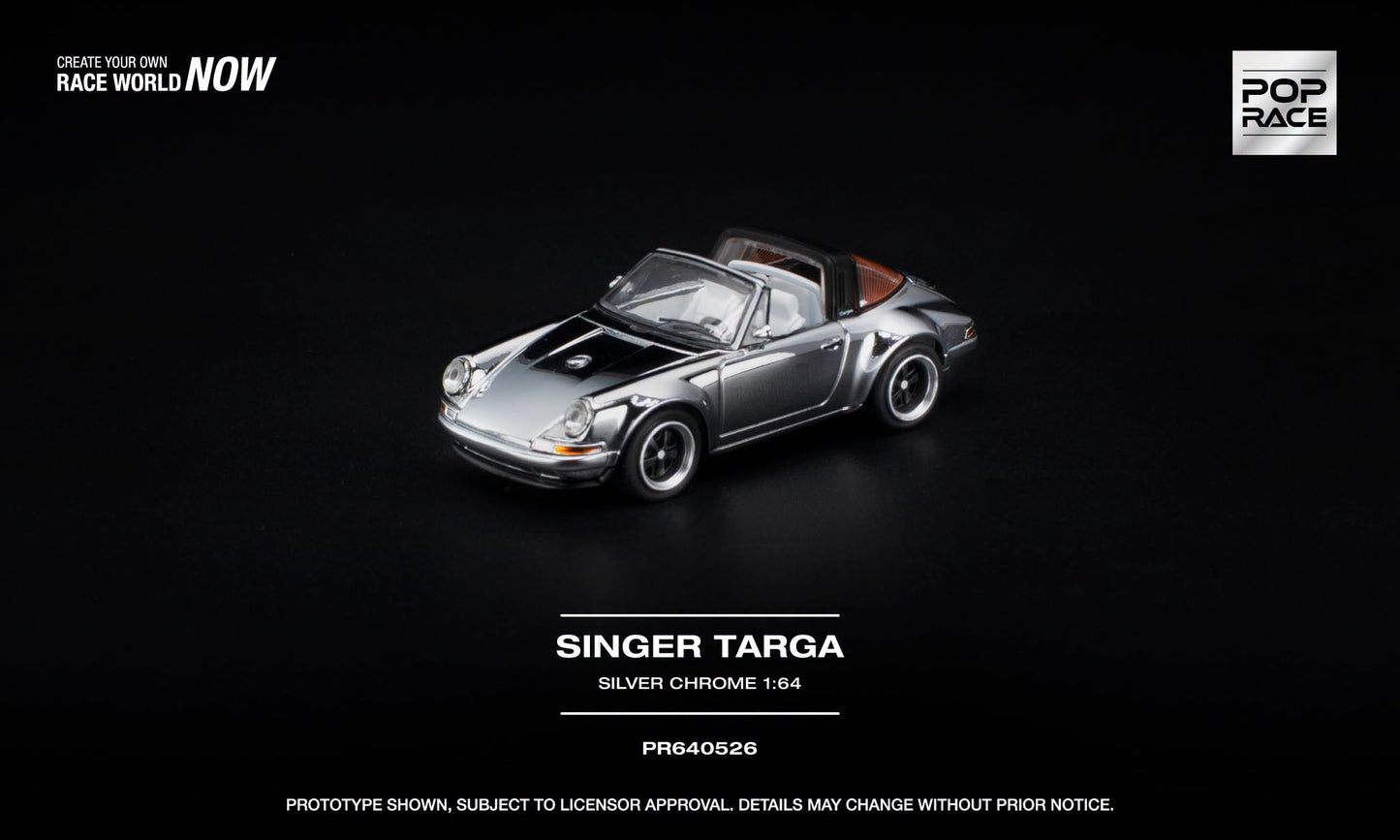 POP Race Singer Targa in Silver Chrome with detailed white interior.