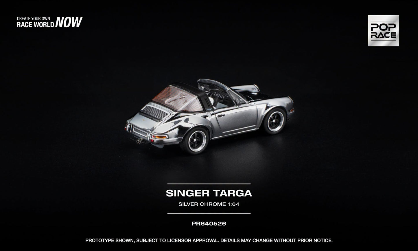 POP Race Singer Targa in Silver Chrome with detailed white interior.
