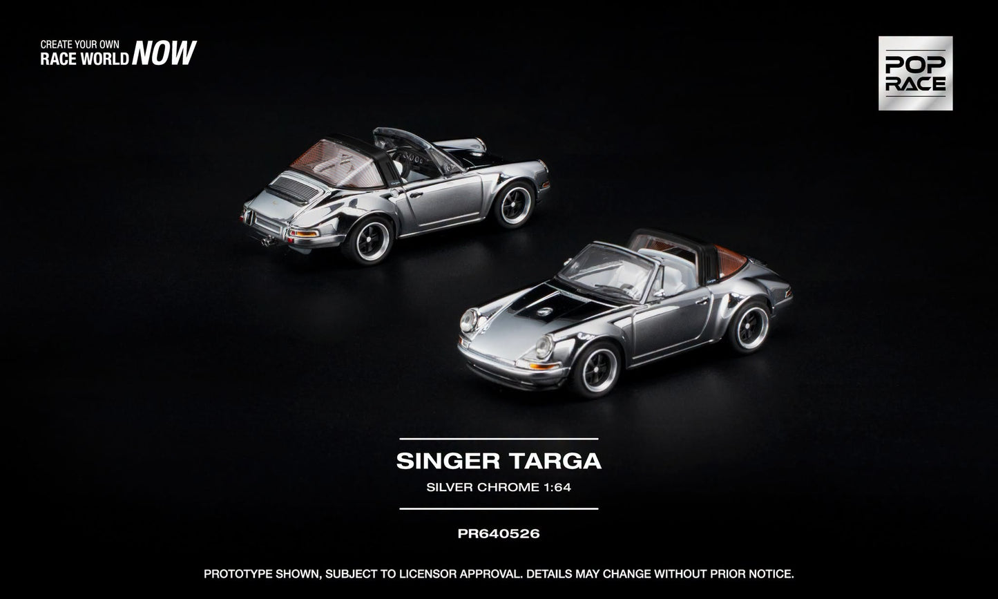 POP Race Singer Targa in Silver Chrome with detailed white interior.