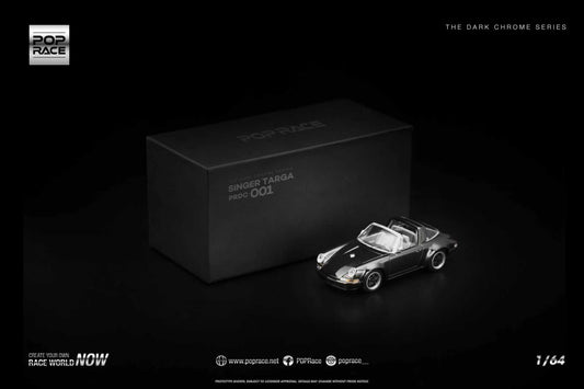 POP Race 1:64 Singer Targa Dark Chrome collectible diecast car. Front