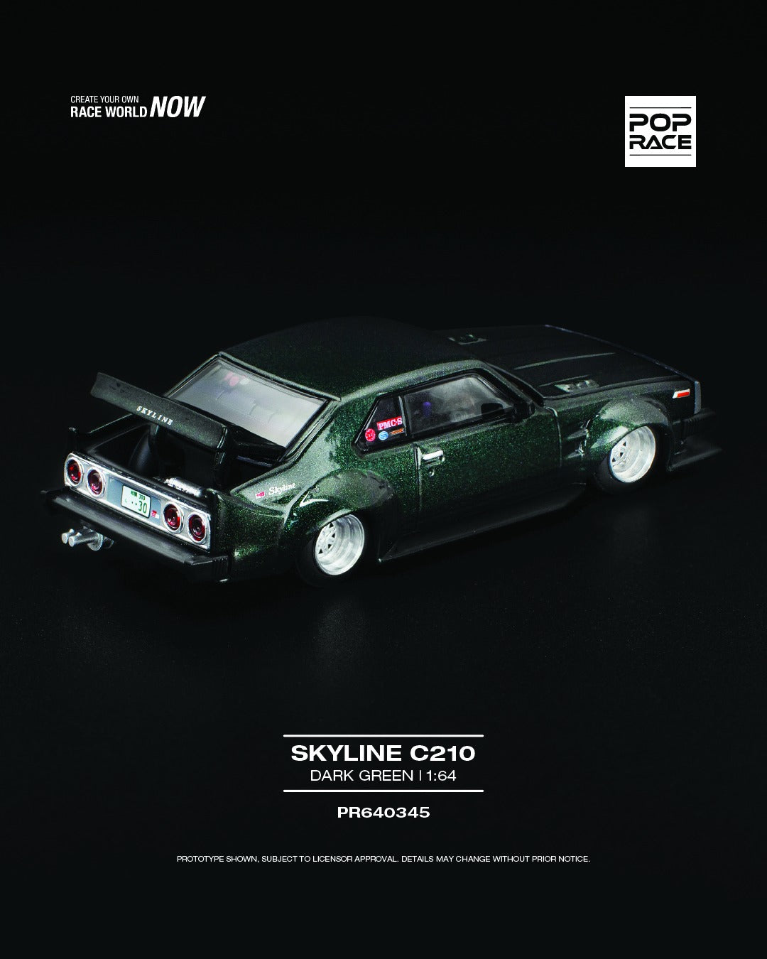 1:64 POP Race Nissan Skyline C210 diecast model in classic retro styling with chrome trim and vintage wheels. Back