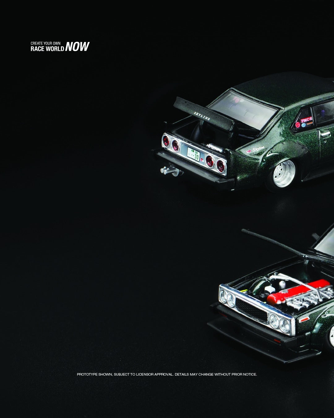 1:64 POP Race Nissan Skyline C210 diecast model in classic retro styling with chrome trim and vintage wheels. Left