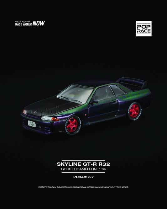 POP Race Nissan Skyline GT-R R32 diecast model with Ghost Chameleon paint in 1:64 scale. Front