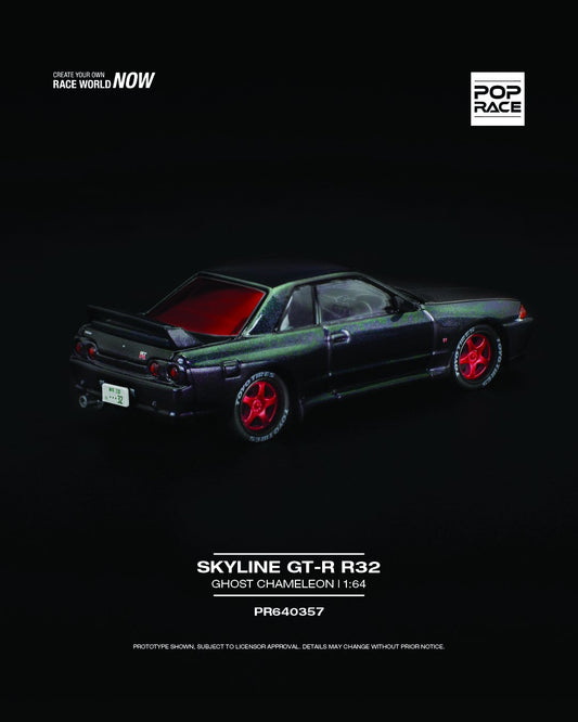 POP Race Nissan Skyline GT-R R32 diecast model with Ghost Chameleon paint in 1:64 scale. Back