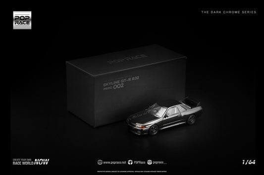 POP Race 1:64 Skyline R32 GT-R Dark Chrome collectible diecast car. Front