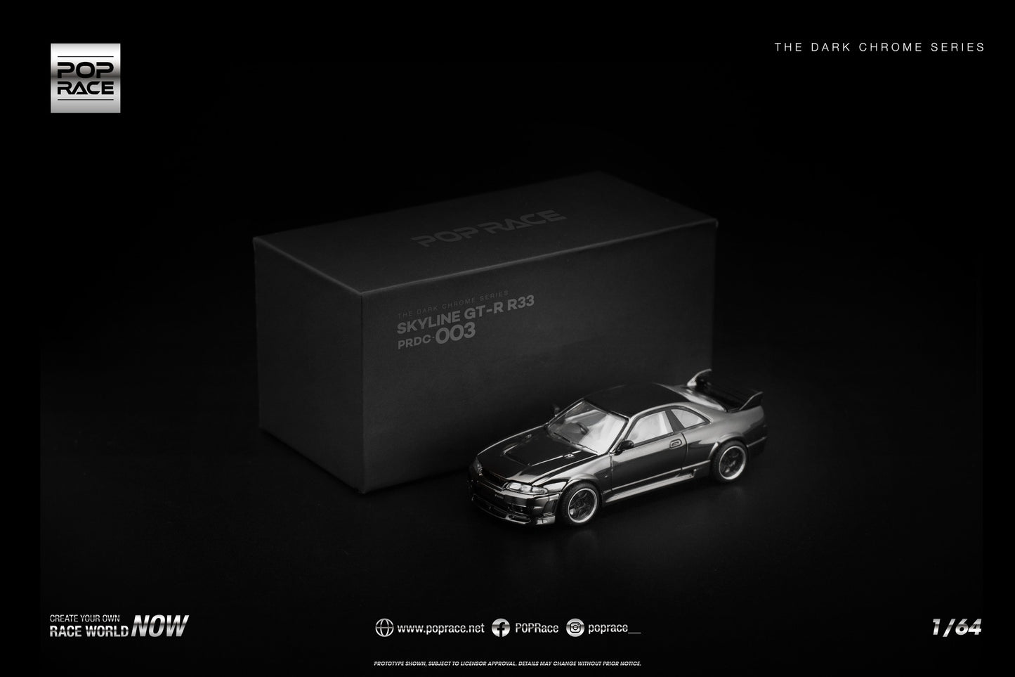 POP Race 1:64 Skyline R33 GT-R Dark Chrome collectible diecast car. Front