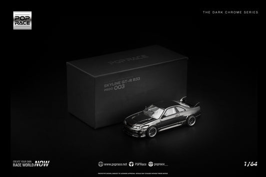 POP Race 1:64 Skyline R33 GT-R Dark Chrome collectible diecast car. Front