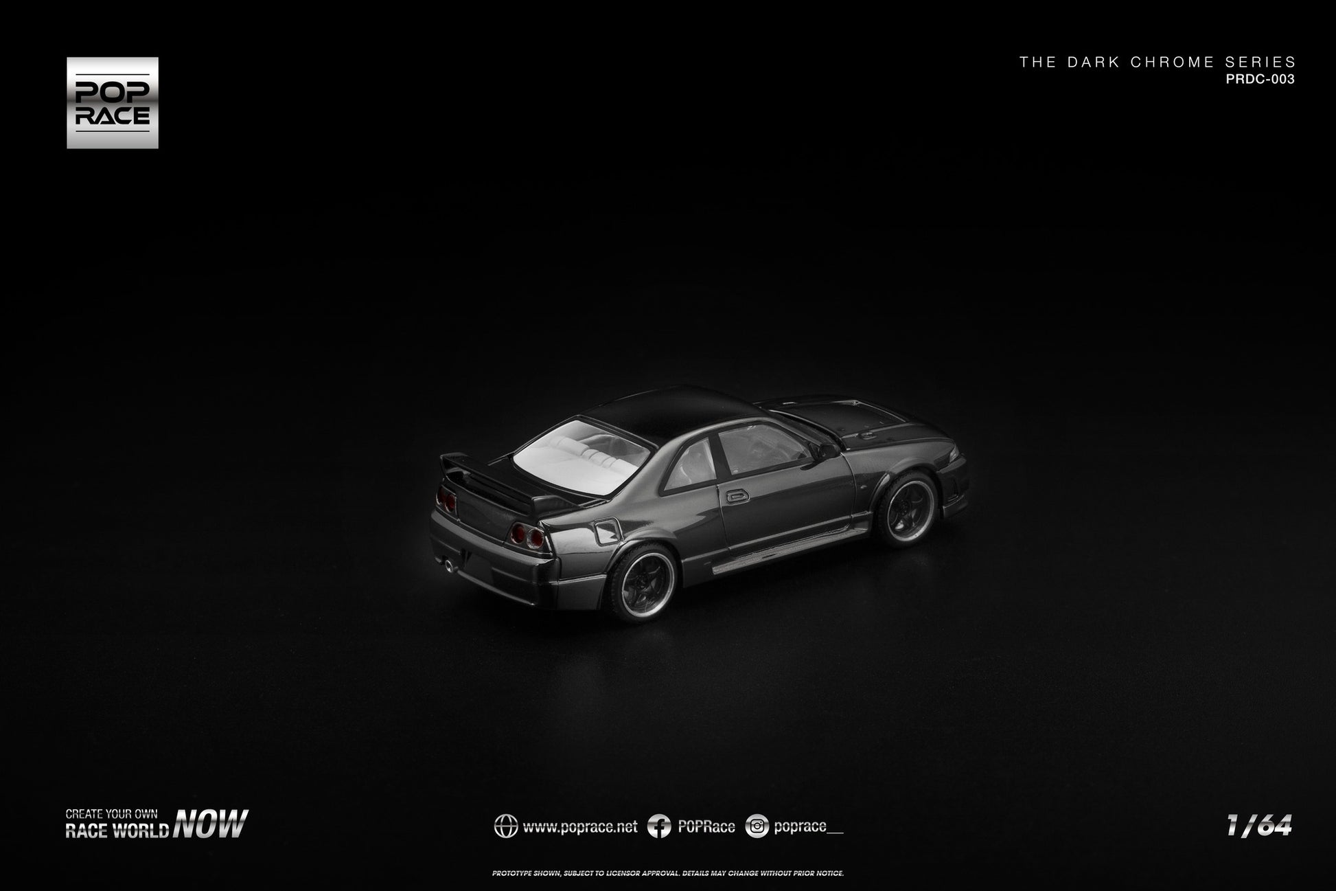 POP Race 1:64 Skyline R33 GT-R Dark Chrome collectible diecast car. Back