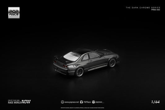 POP Race 1:64 Skyline R33 GT-R Dark Chrome collectible diecast car. Back