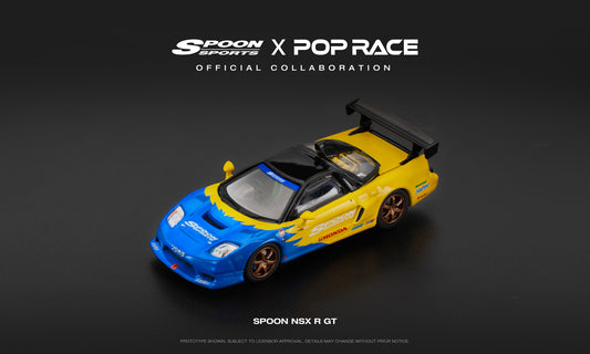 POP Race Spoon NSX-R GT yellow and blue livery 1:64 scale model car. Front