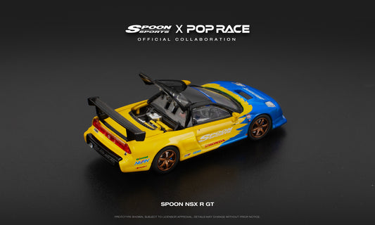 POP Race Spoon NSX-R GT yellow and blue livery 1:64 scale model car. Back
