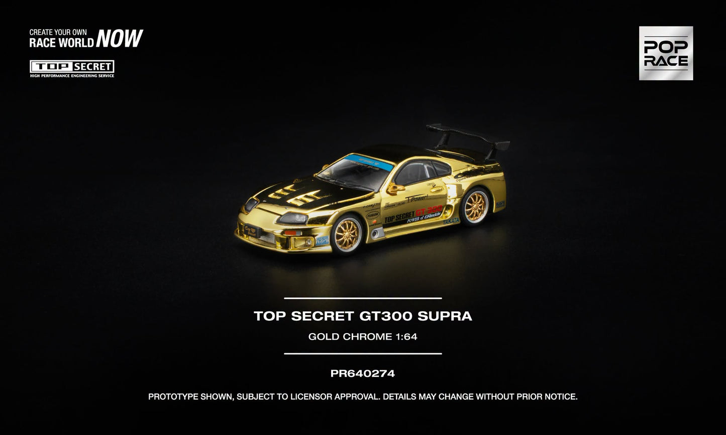 POP RACE Top Secret GT300 Supra in Gold Chrome with opening hood and detailed engine.