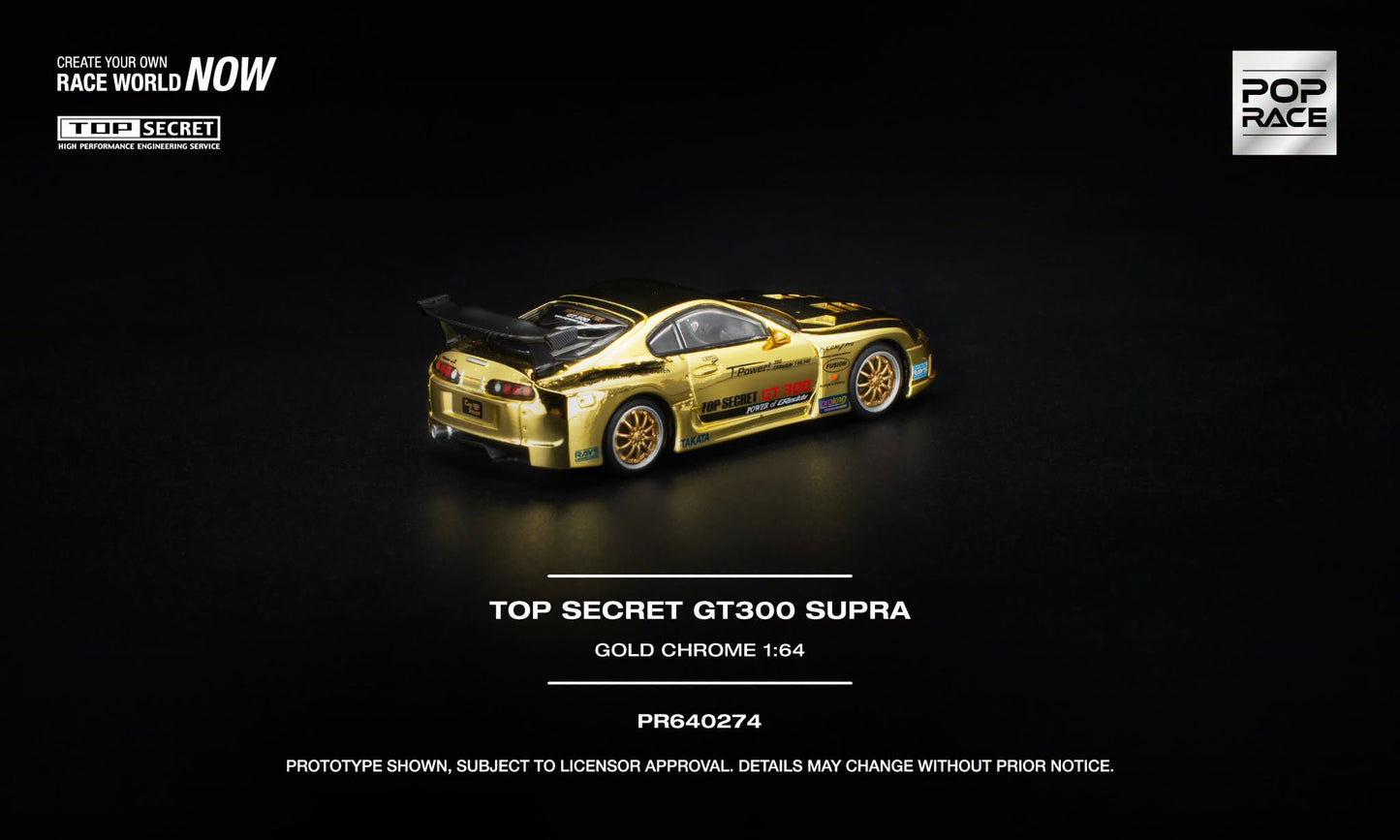 POP RACE Top Secret GT300 Supra in Gold Chrome with opening hood and detailed engine.