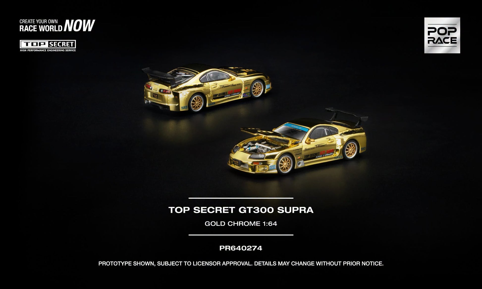 POP RACE Top Secret GT300 Supra in Gold Chrome with opening hood and detailed engine.
