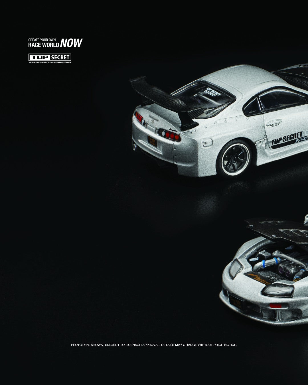 1:64 POP Race diecast model of Top Secret GT300 Toyota Supra in silver with widebody kit and rear wing. Left