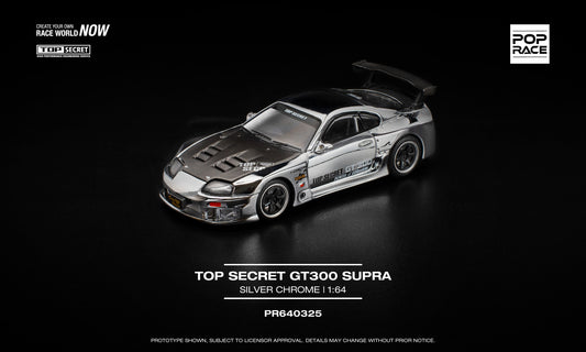 POP Race 1:64 Top Secret GT300 Supra Silver Chrome diecast model car with racing livery. Front