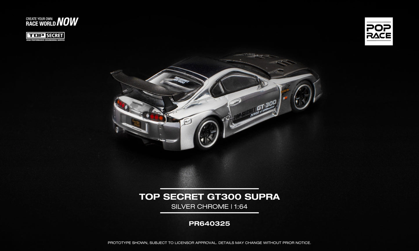 POP Race 1:64 Top Secret GT300 Supra Silver Chrome diecast model car with racing livery. Back