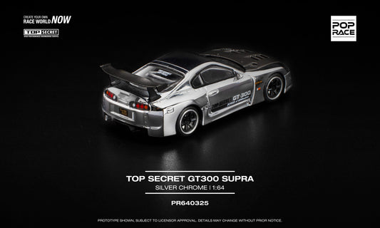 POP Race 1:64 Top Secret GT300 Supra Silver Chrome diecast model car with racing livery. Back