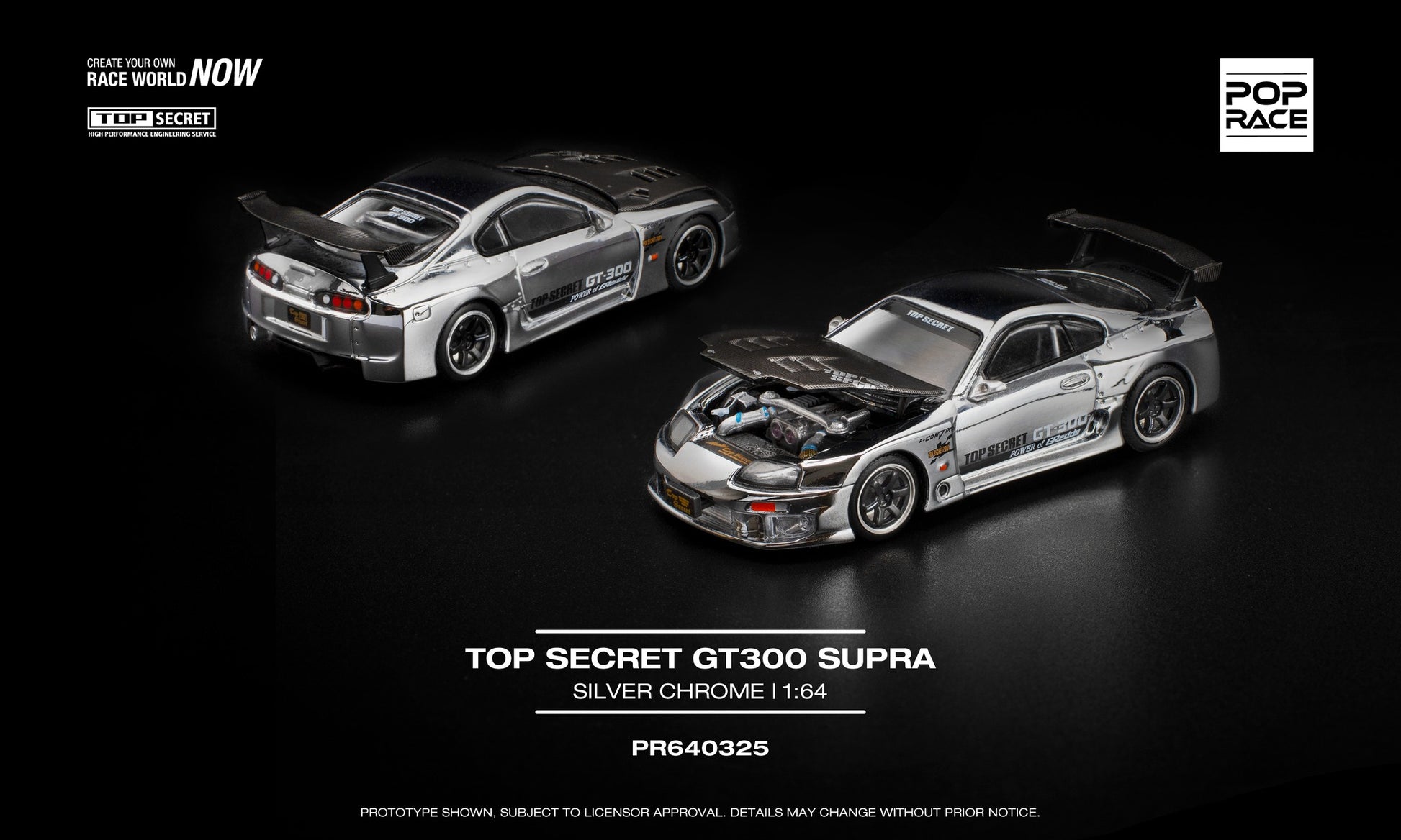 POP Race 1:64 Top Secret GT300 Supra Silver Chrome diecast model car with racing livery