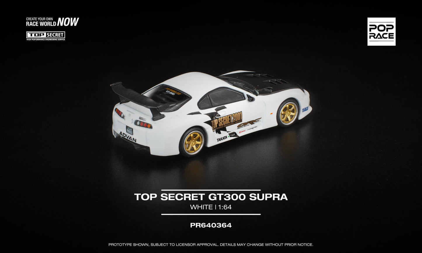 POP Race 1:64 Top Secret GT300 Supra white pearl with carbon hood and gold wheels. Back