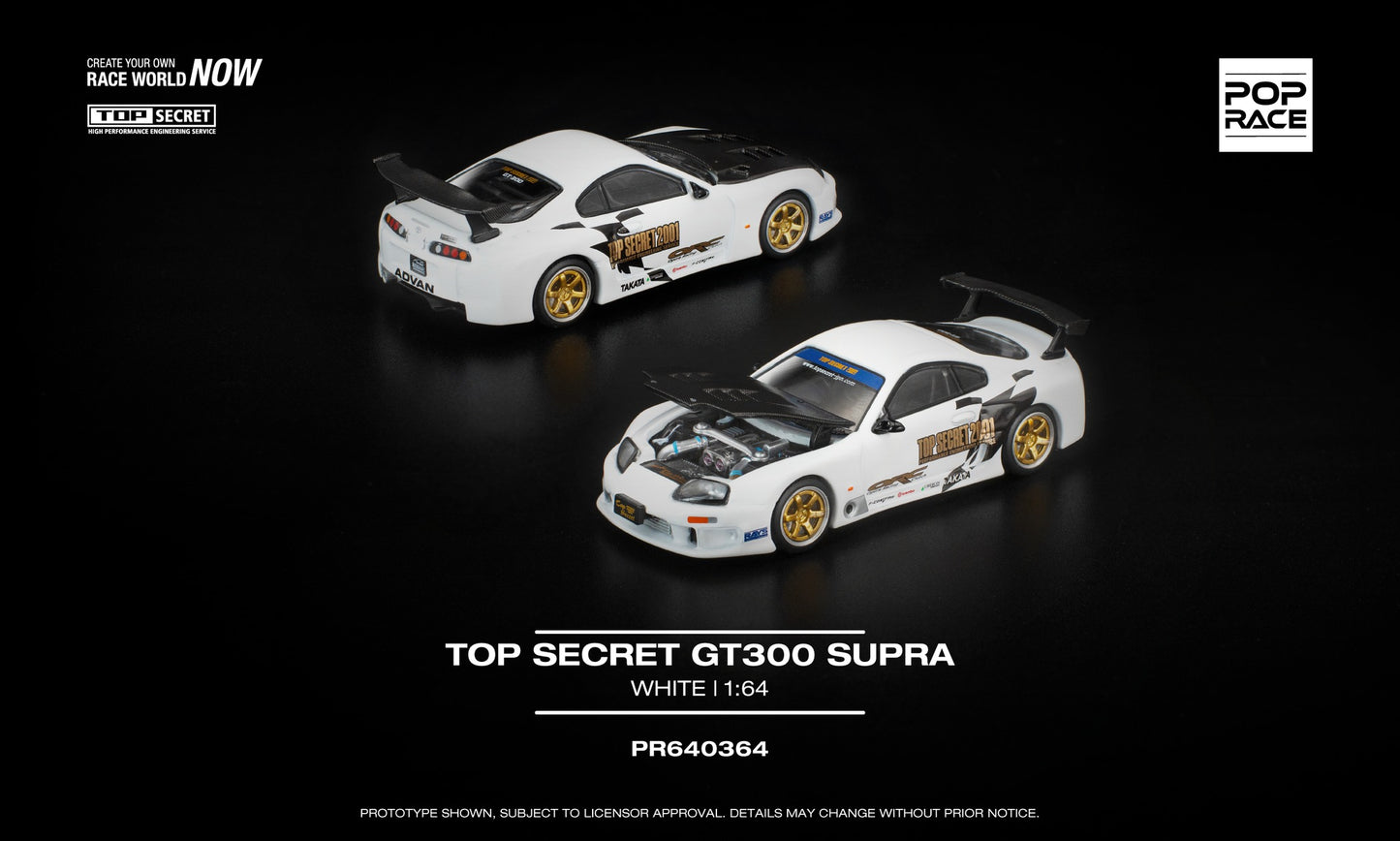 POP Race 1:64 Top Secret GT300 Supra white pearl with carbon hood and gold wheels.