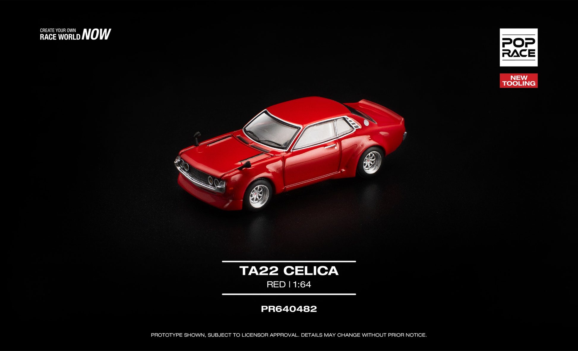 POP Race Toyota Celica TA22 red widebody opening hood engine detail 1:64. Front