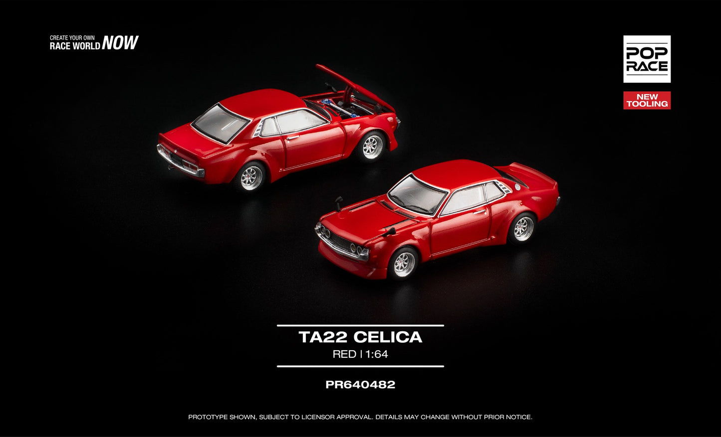 POP Race Toyota Celica TA22 red widebody opening hood engine detail 1:64