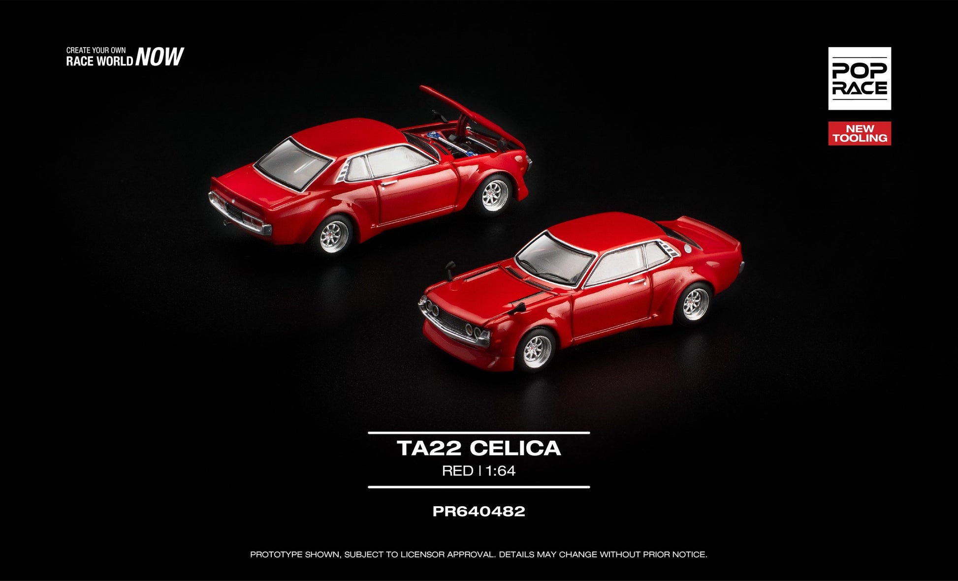 POP Race Toyota Celica TA22 red widebody opening hood engine detail 1:64