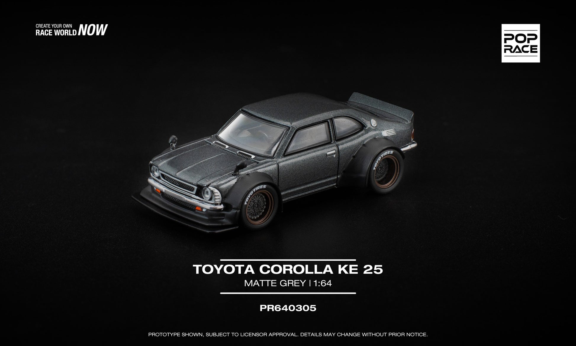 POP Race Toyota Corolla KE25 matte grey widebody diecast model 1:64. Front