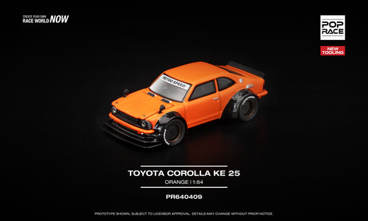POP Race 1:64 Toyota Corolla KE25 in bright orange with wide-body fenders, carbon-look aero kit, black accents, and open hood showing detailed engine. Front